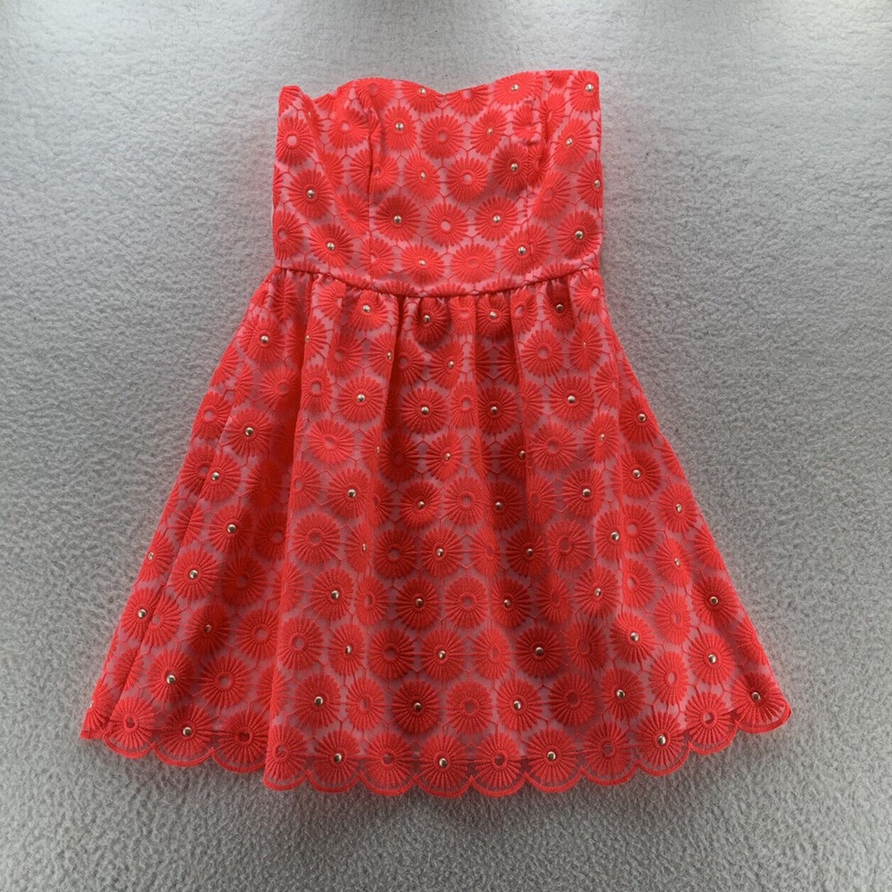 Lilly Pulitzer Strapless Dress 0 XS Pink Floral Lace Faux Pearl Wired Preppy‎